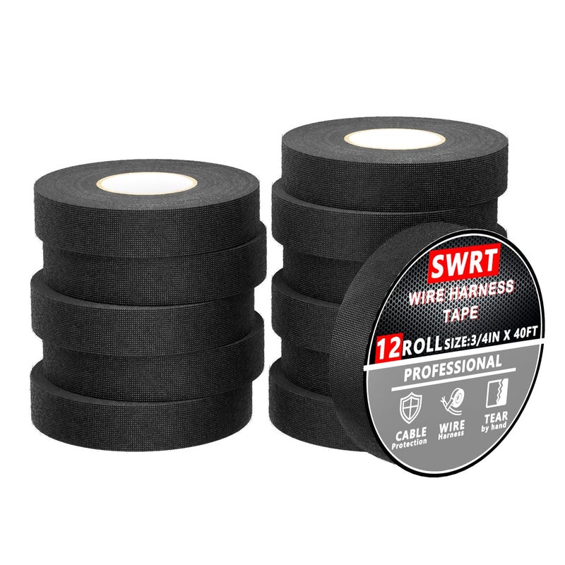 SWRT Wire Harness Tape, 3/4 Inch × 50 Feet, 12 Packs (600 Feet Total), Self-Adhesive Black Cloth Electrical Tape for Automotive Use, High Temperature Resistance Felt Tape. - Image 1